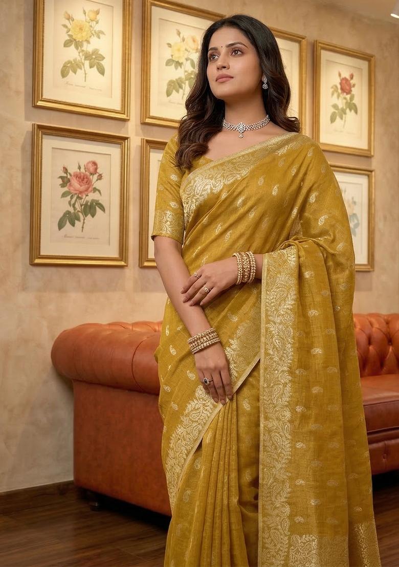 Mustard Zari Work Tissue Saree Set - Indya