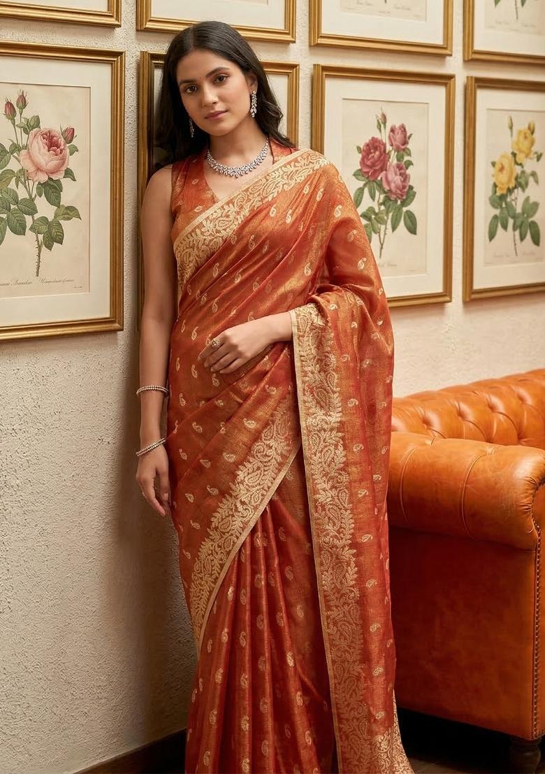 Orange Zari Work Tissue Saree Set - Indya