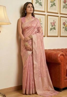 Pink Zari Work Tissue Saree Set