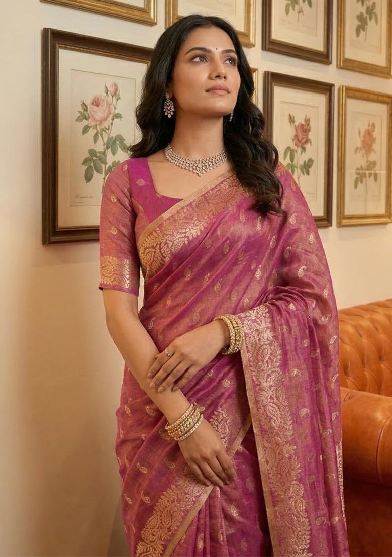 Rani Pink Zari Work Tissue Saree Set - Indya
