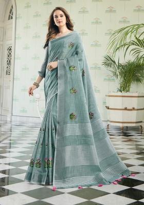 Blue Zari Work Linen Saree Set