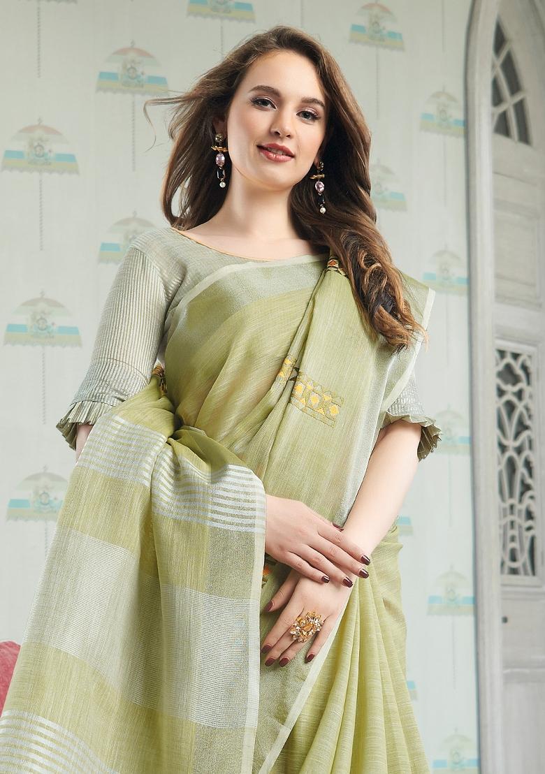Green Zari Work Linen Saree Set - Indya