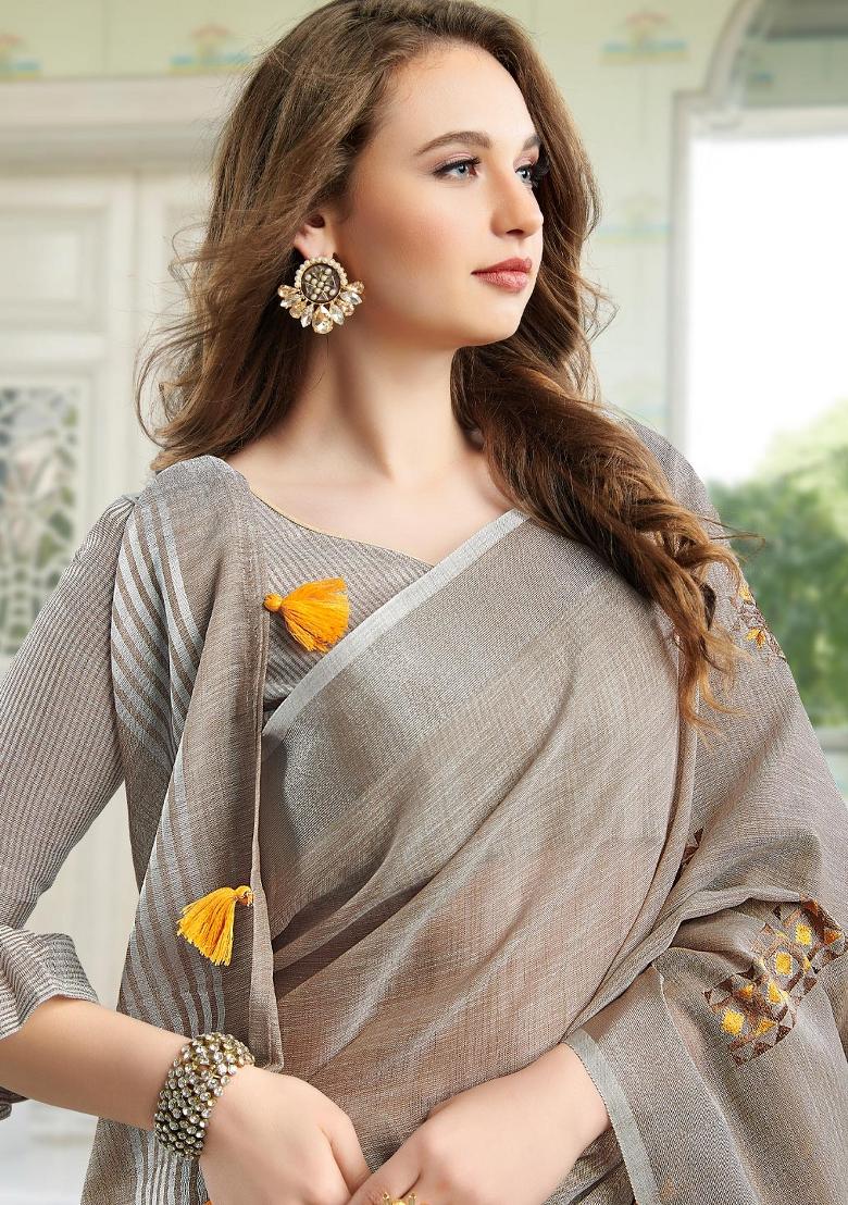 Grey Zari Work Linen Saree Set - Indya
