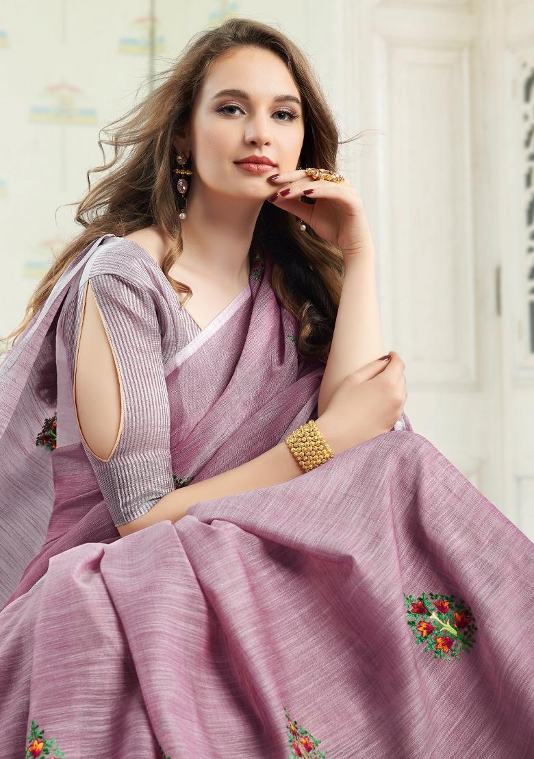 Lavender Zari Work Linen Saree Set - Indya