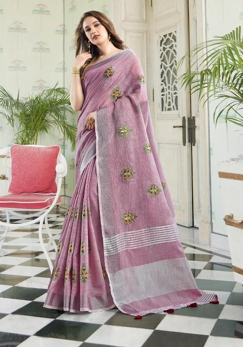 Lavender Zari Work Linen Saree Set