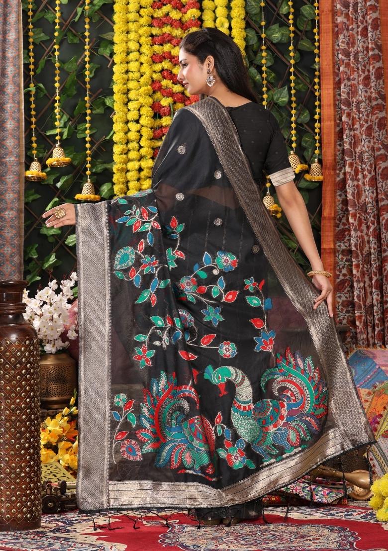 Black Zari Work Linen Saree Set - Indya