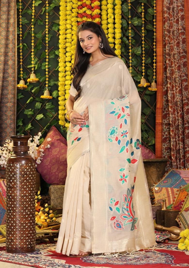 Cream Zari Work Linen Saree Set - Indya