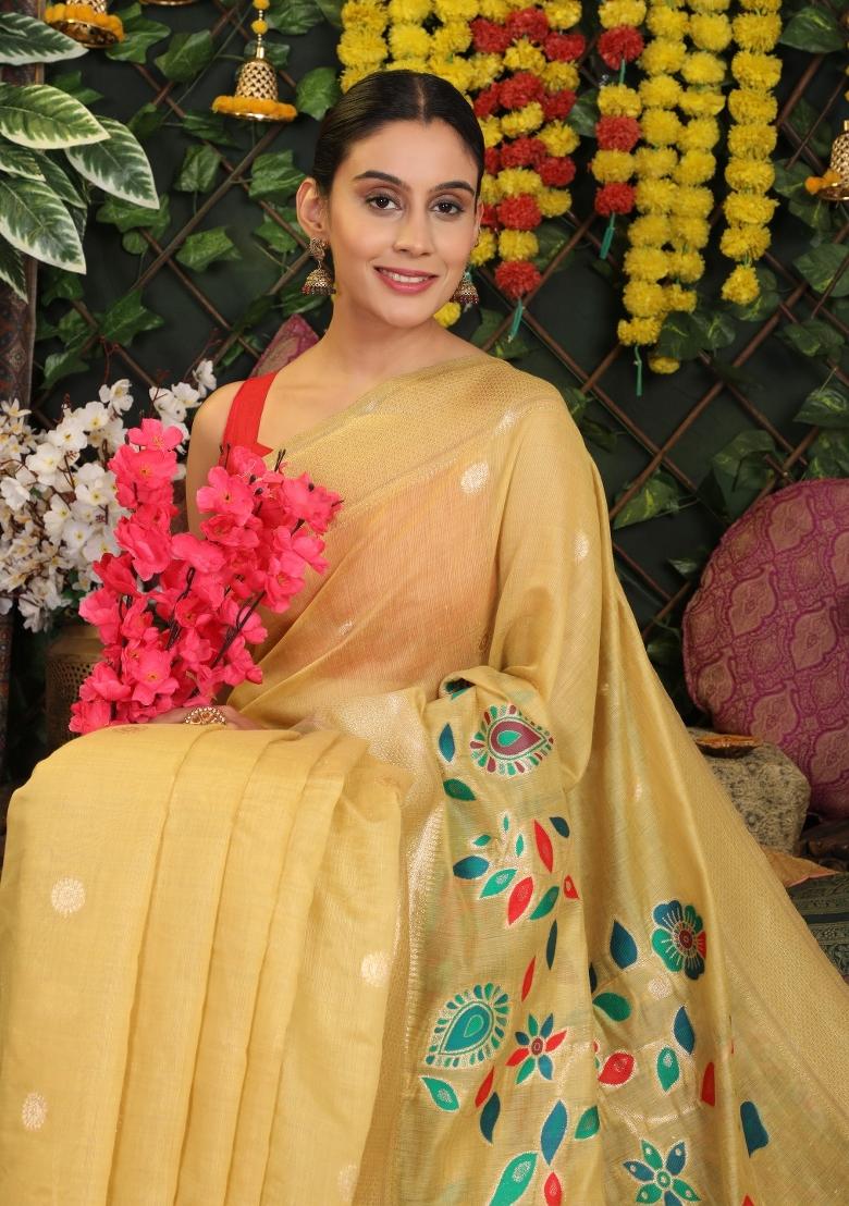 Yellow Zari Work Linen Saree Set - Indya
