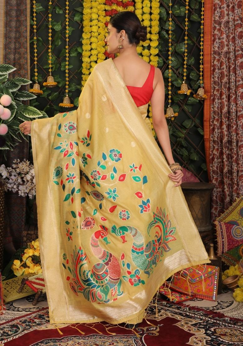 Yellow Zari Work Linen Saree Set - Indya