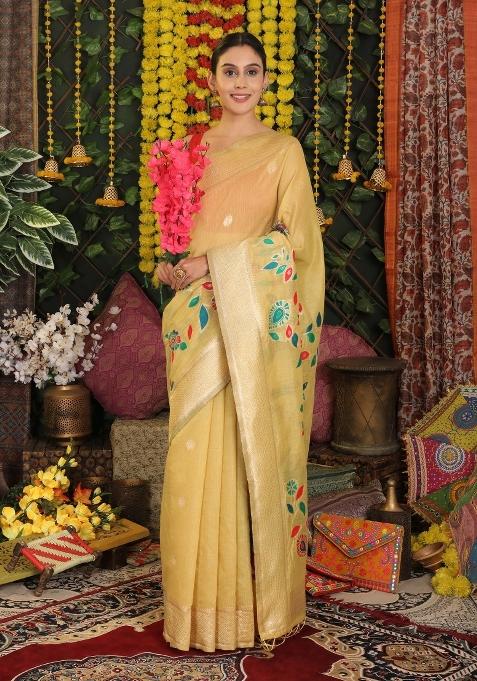 Yellow Zari Work Linen Saree Set