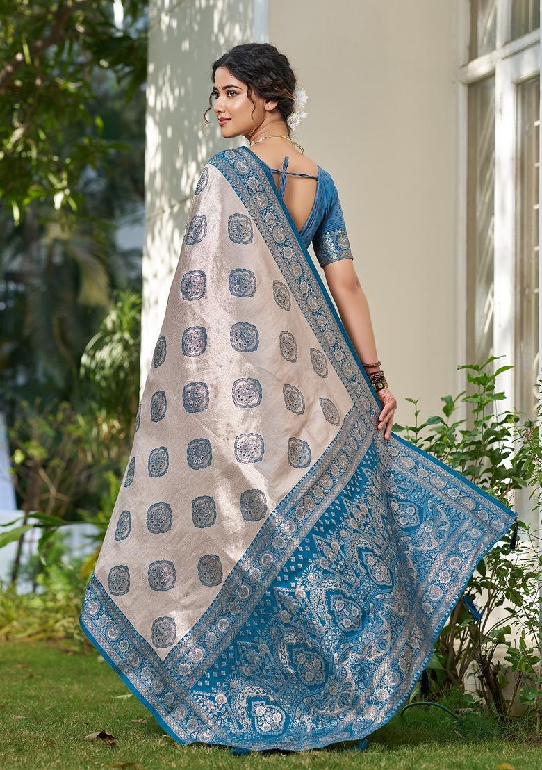 Blue Zari Work Silk Blend Saree Set - Indya