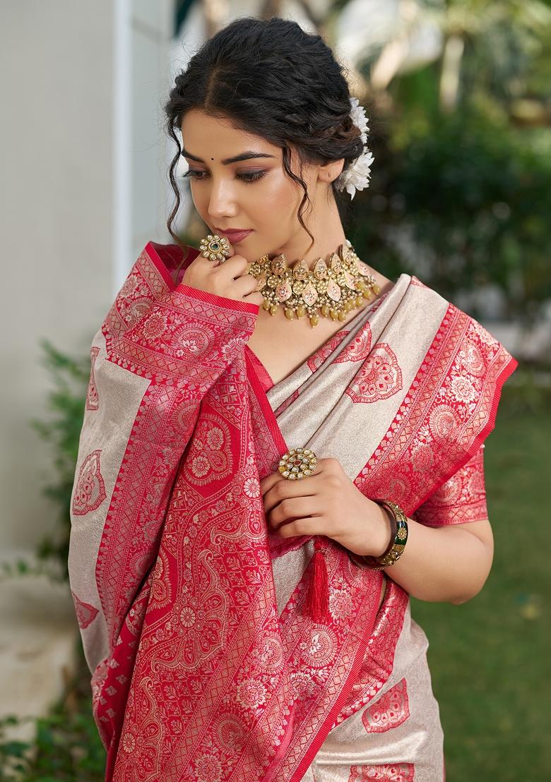 Coral Zari Work Silk Blend Saree Set - Indya