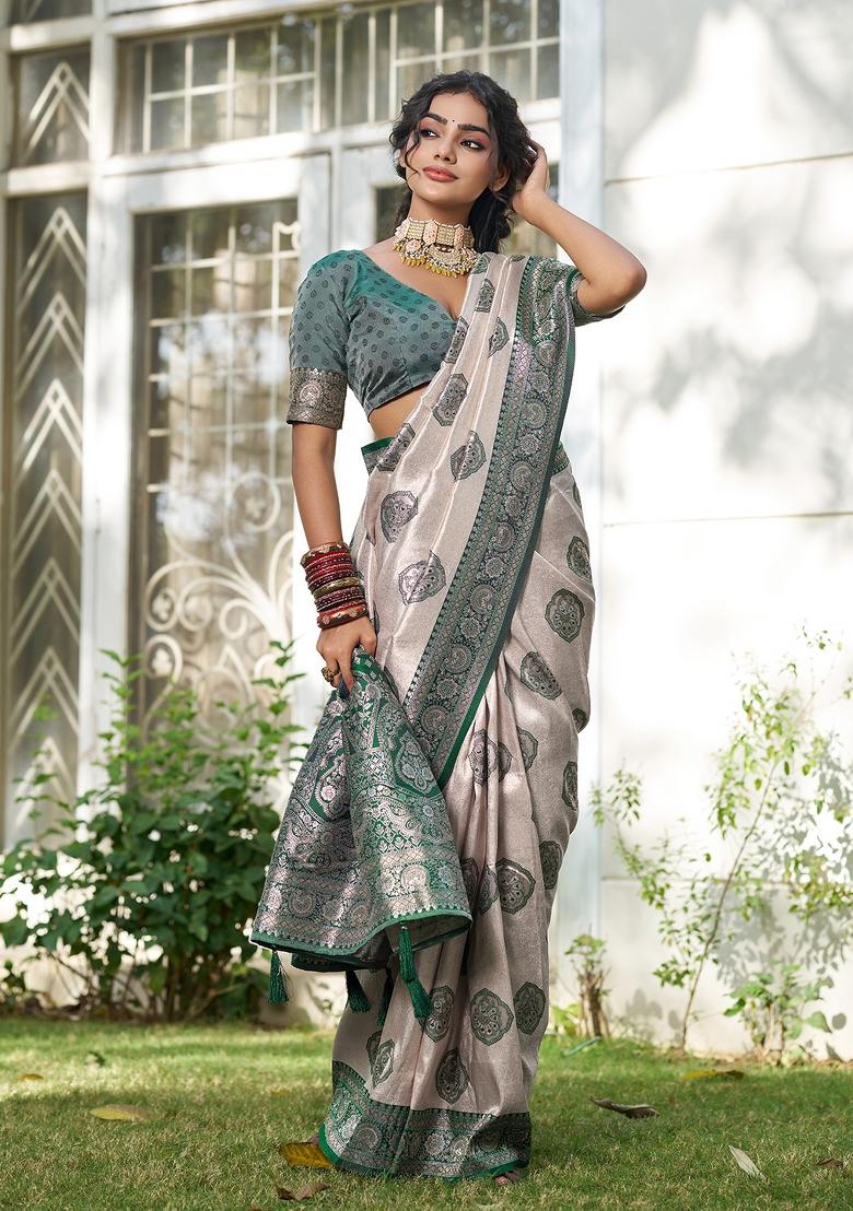 Dark Green Zari Work Silk Blend Saree Set - Indya