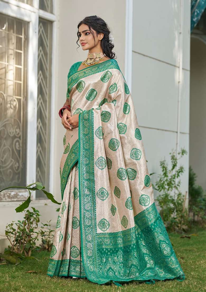 Green Zari Work Silk Blend Saree Set for Diwali and Festive Wear - Indya