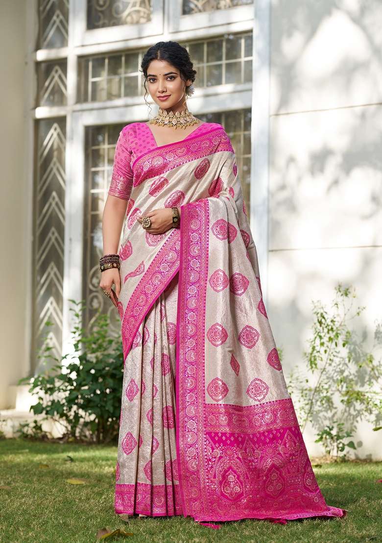 Pink Zari Work Silk Blend Saree Set for Diwali and Festive Wear - Indya