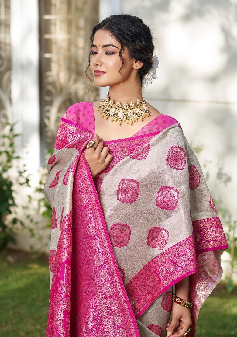 Pink Zari Work Silk Blend Saree Set - Indya
