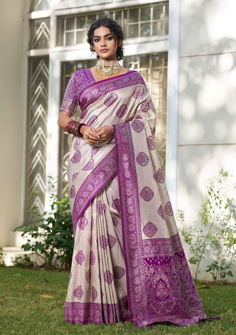 Purple Silk Blend Saree Set with Zari Work for Diwali | Wedding & Festive Wear - Indya
