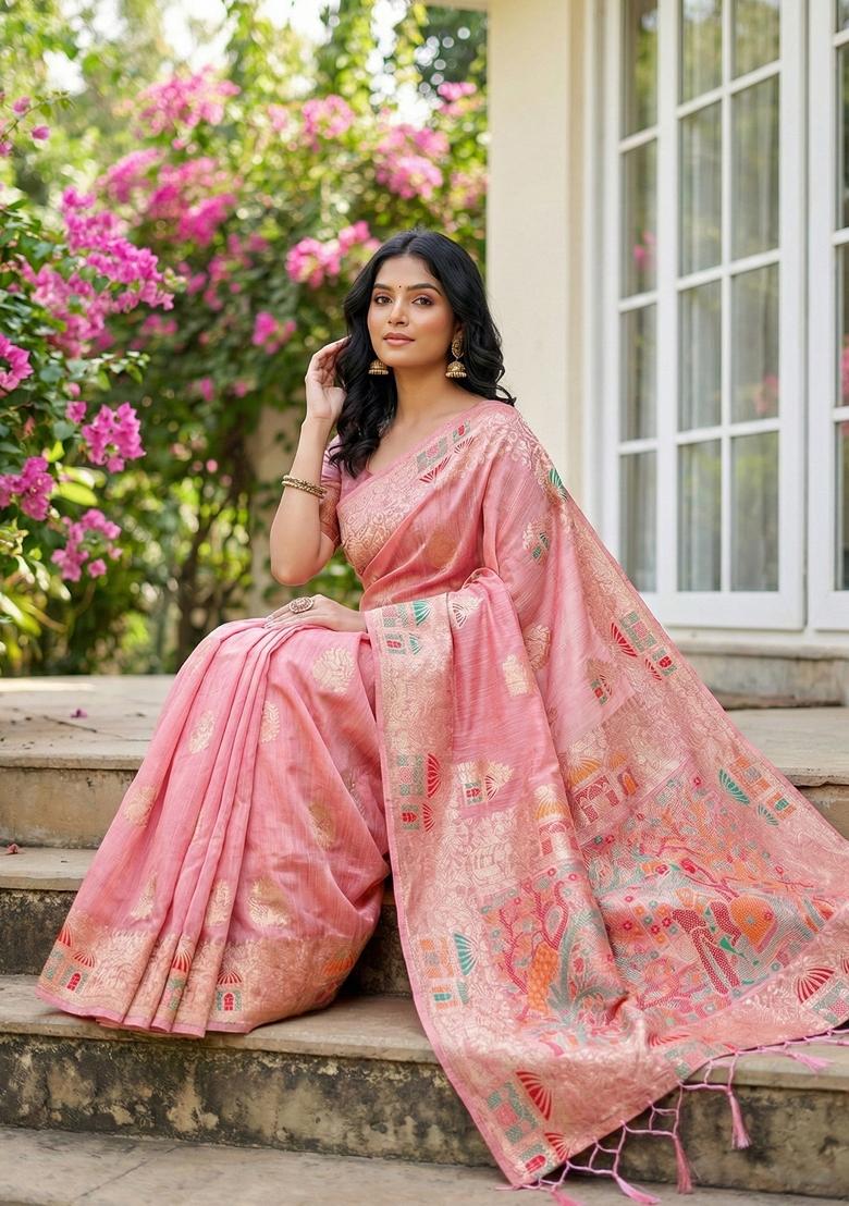 Pink Zari Work Linen Saree Set - Indya