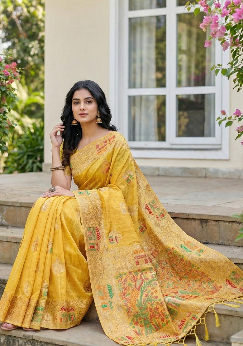 Yellow Zari Work Linen Saree Set - Indya