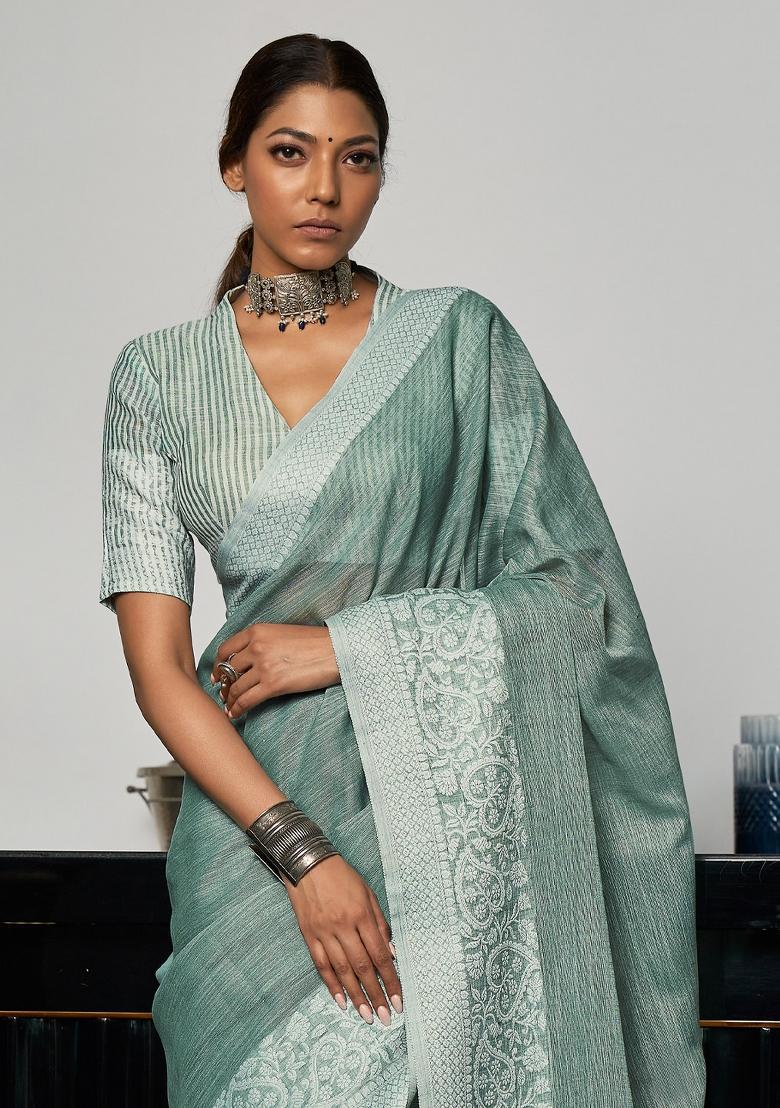 Blue Zari Work Linen Saree Set - Indya