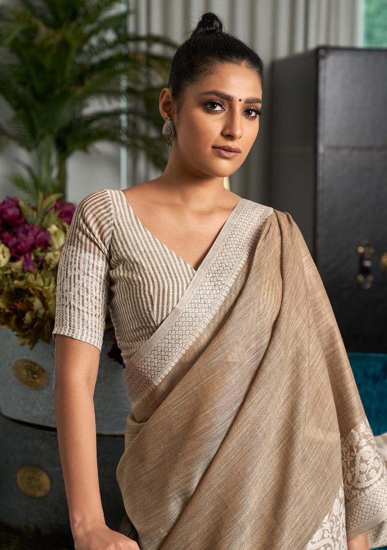 Grey Zari Work Linen Saree Set - Indya