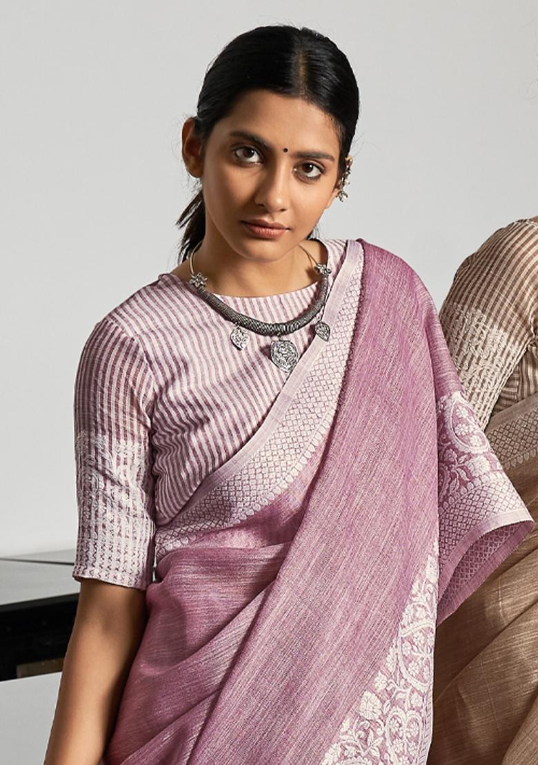 Lavender Zari Work Linen Saree Set - Indya
