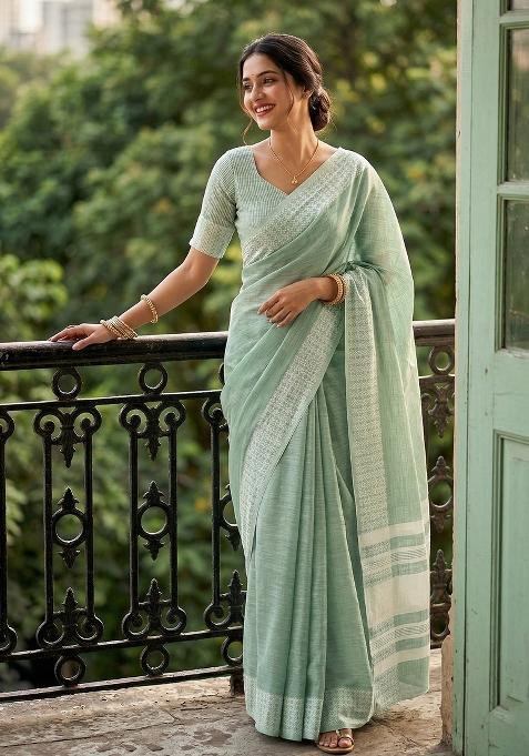 Blue Zari Work Linen Saree Set