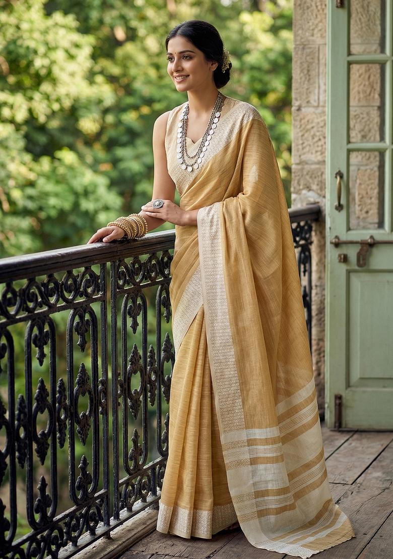 Brown Zari Work Linen Saree Set - Indya