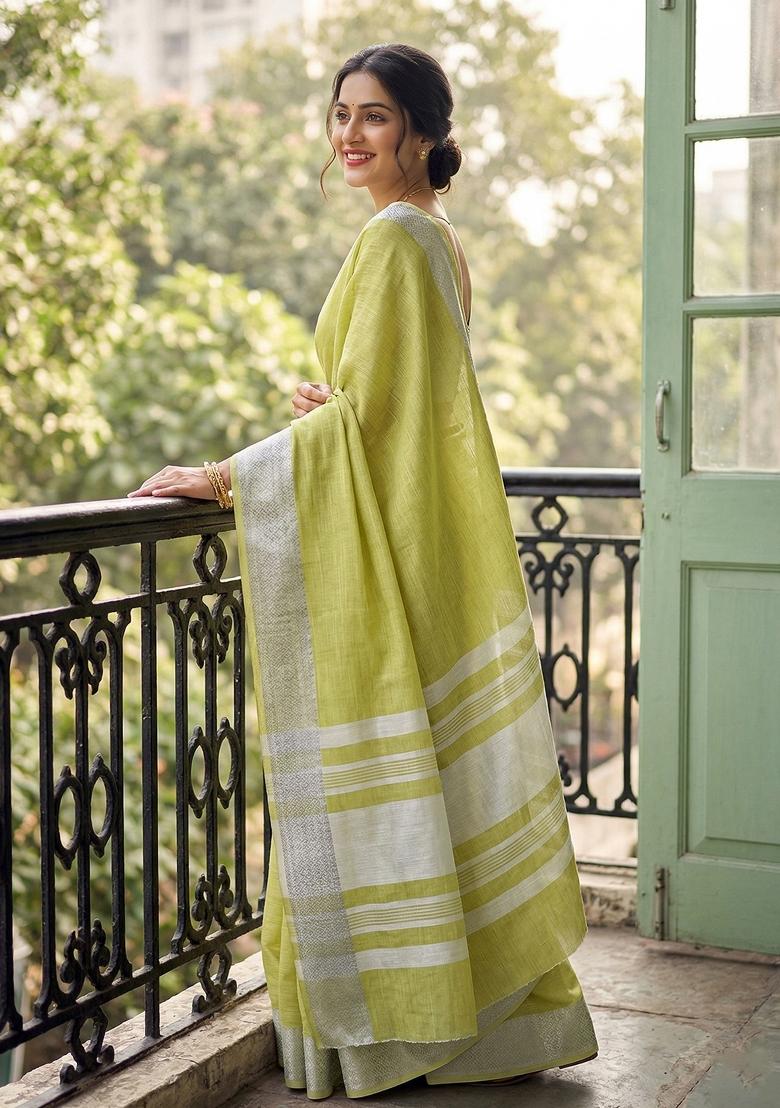 Green Zari Work Linen Saree Set - Indya