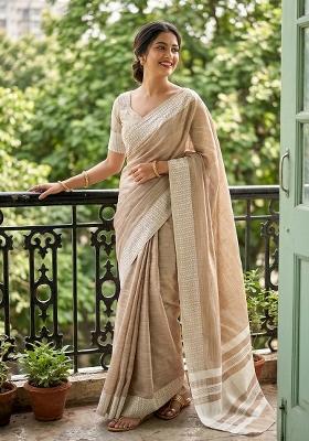 Brown Zari Work Linen Saree Set