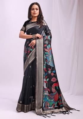 Black Zari Work Linen Saree Set