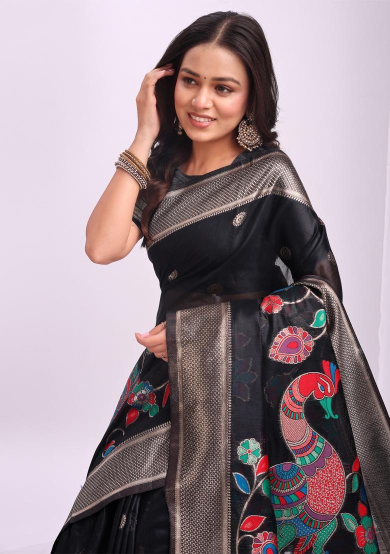 Black Zari Work Linen Saree Set - Indya
