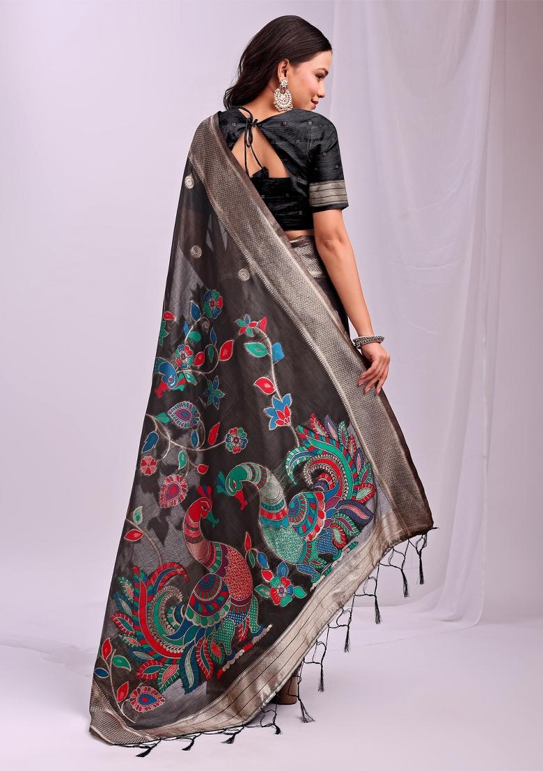 Black Zari Work Linen Saree Set - Indya