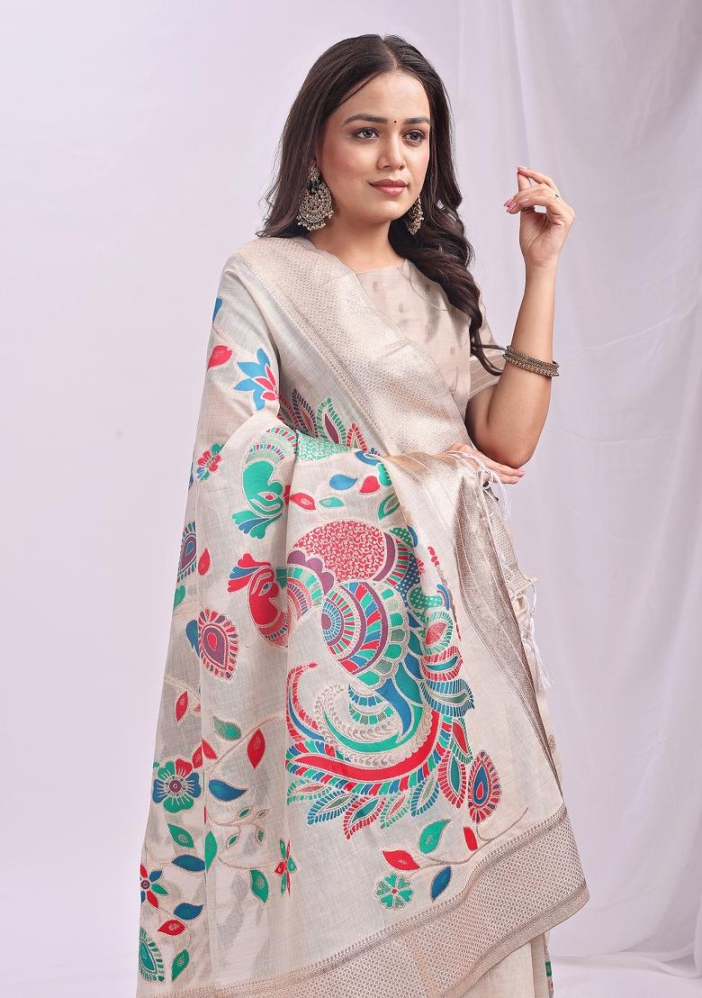 Cream Zari Work Linen Saree Set - Indya