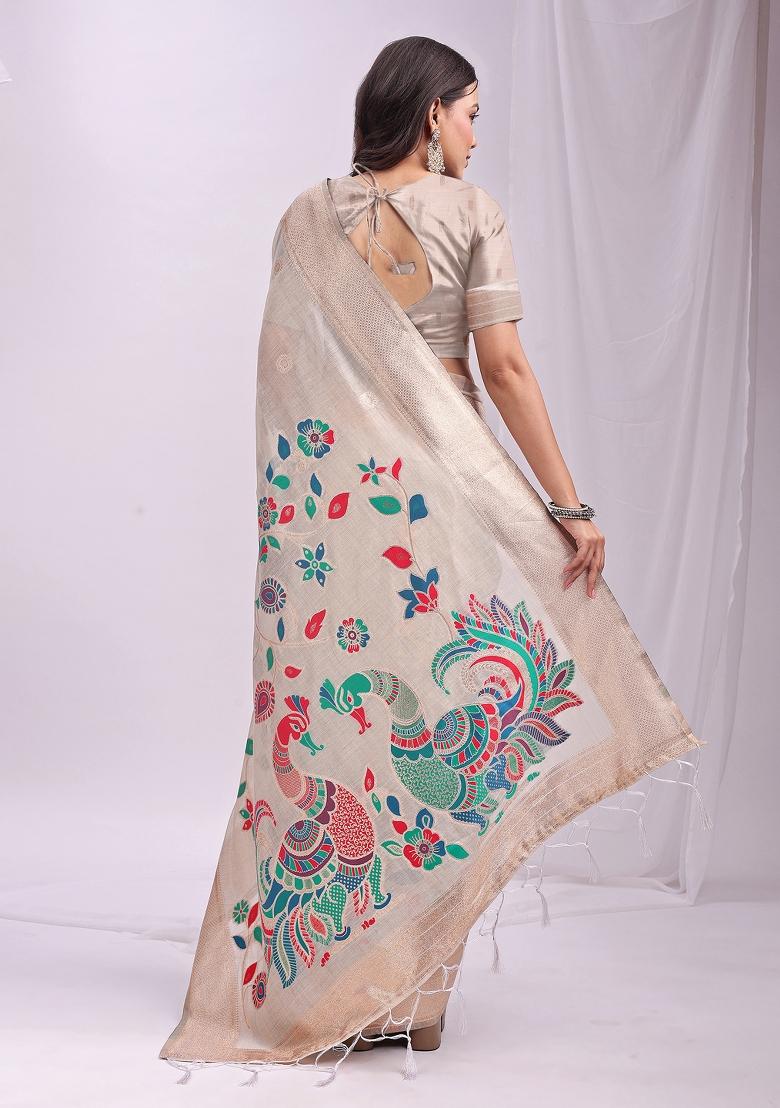 Cream Zari Work Linen Saree Set - Indya