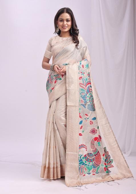 Cream Zari Work Linen Saree Set