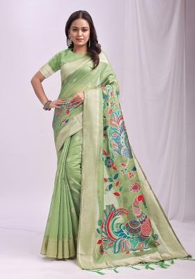 Green Zari Work Linen Saree Set