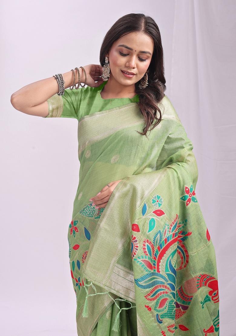 Green Zari Work Linen Saree Set - Indya