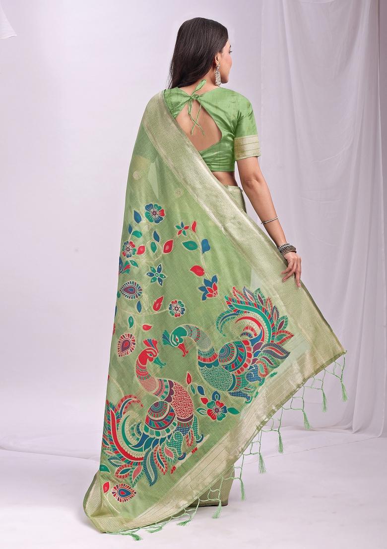 Green Zari Work Linen Saree Set - Indya