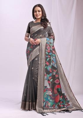 Grey Zari Work Linen Saree Set