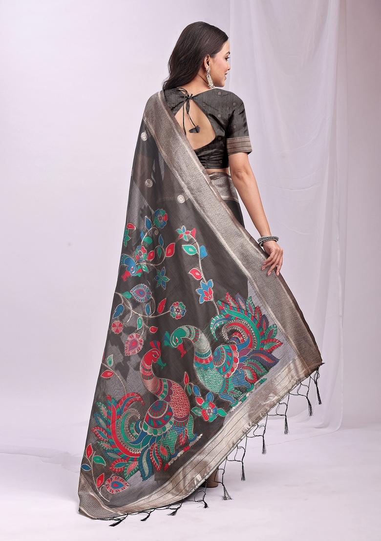 Grey Zari Work Linen Saree Set - Indya