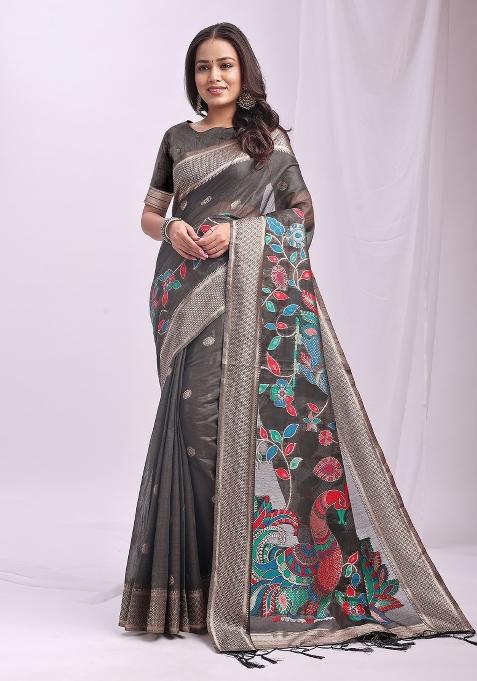 Grey Zari Work Linen Saree Set