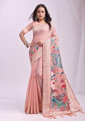 Pink Zari Work Linen Saree Set