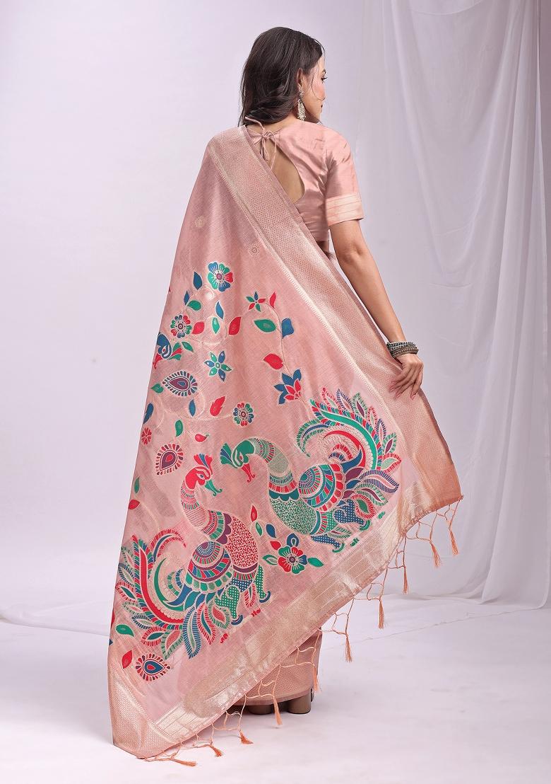 Pink Zari Work Linen Saree Set - Indya