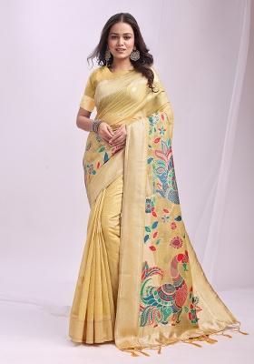Yellow Zari Work Linen Saree Set