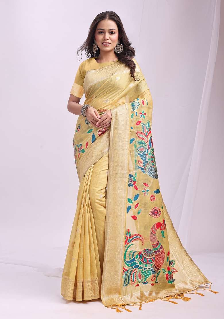 Yellow Linen Saree Set with Zari Work for Diwali | Wedding & Festive Wear - Indya