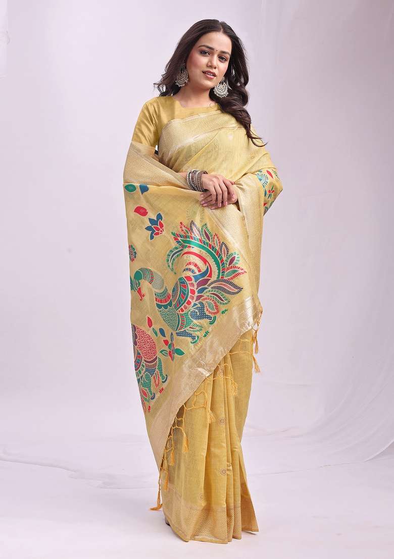 Yellow Linen Saree Set with Zari Work for Diwali | Wedding & Festive Wear - Indya
