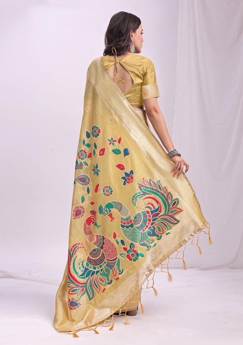 Yellow Zari Work Linen Saree Set - Indya