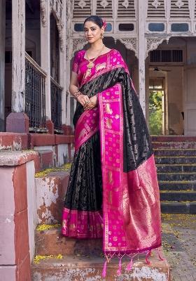 Black Zari Work Silk Blend Saree Set
