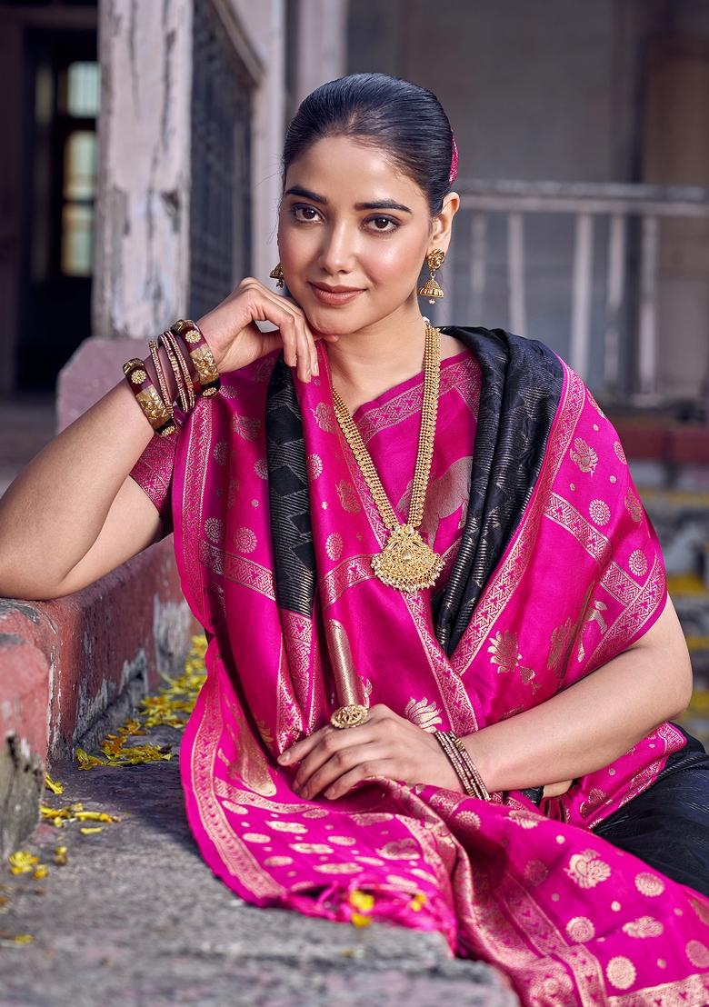 Black Zari Work Silk Blend Saree Set - Indya